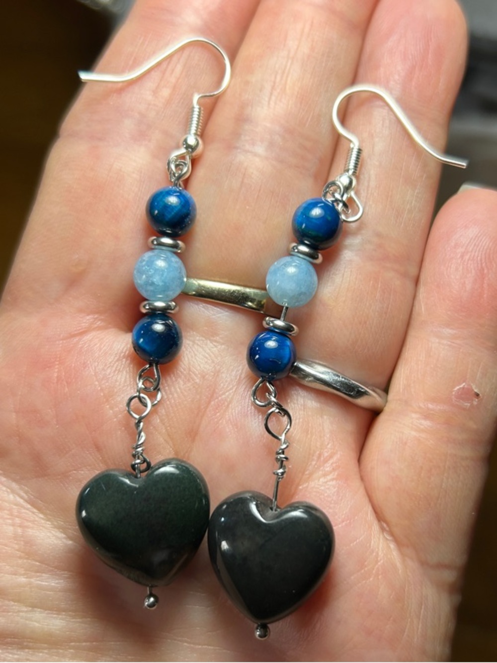 3/$25 Dark Green Heart Drop Earrings with Blue Accent Beads